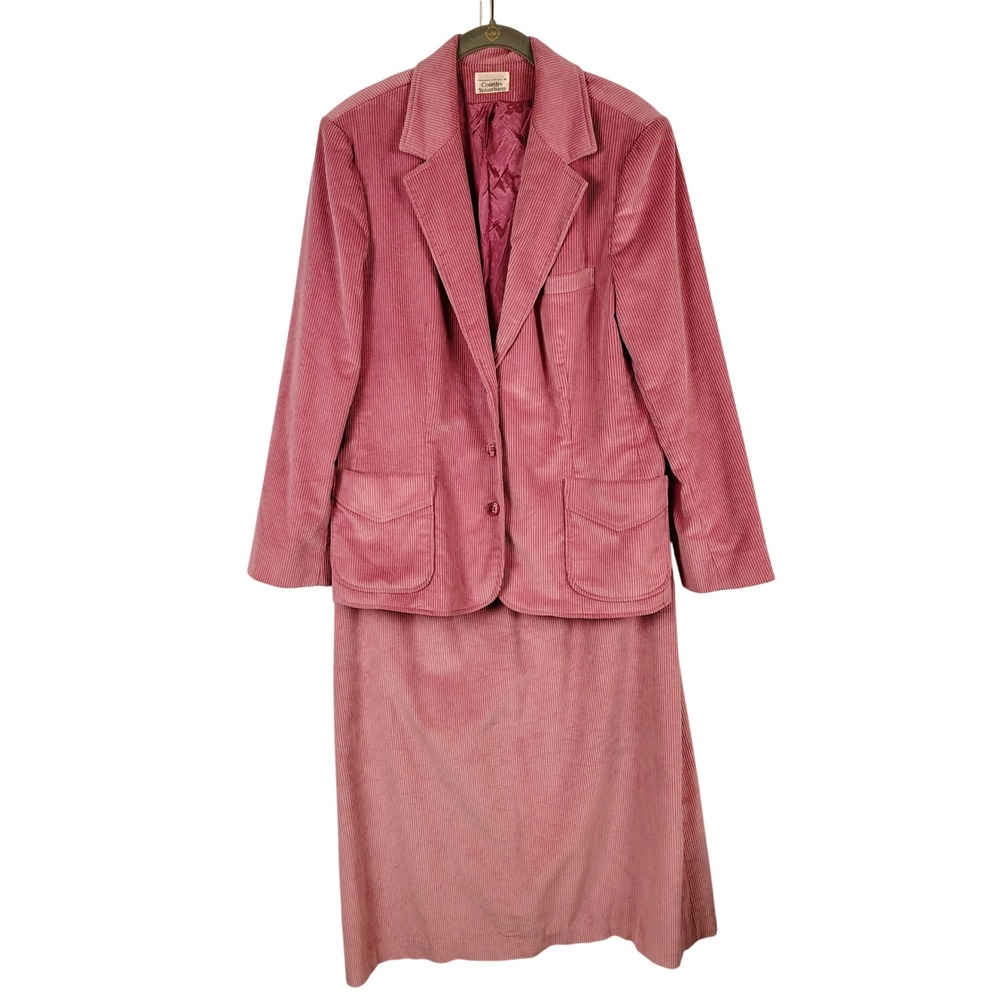 Womens SZ 18 Country Suburbs Pink Corduroy Skirt Suit Blazer Set Dark Academia
